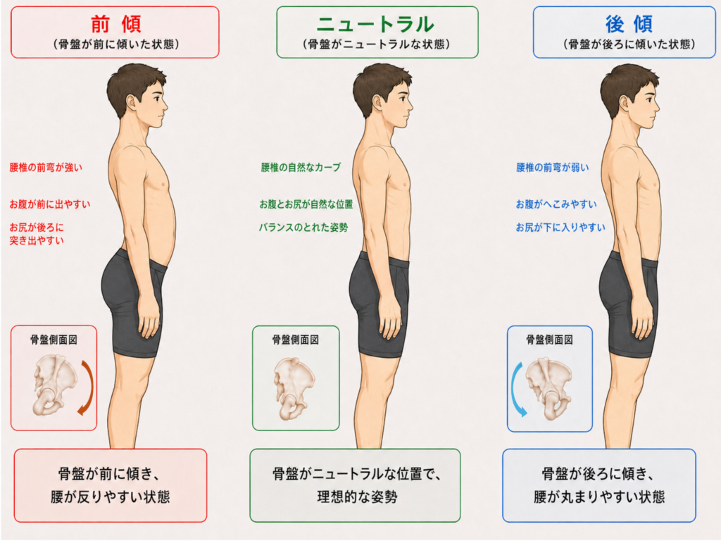 骨盤の前傾・ニュートラル・後傾を姿勢の変化とともにわかりやすく描いた図